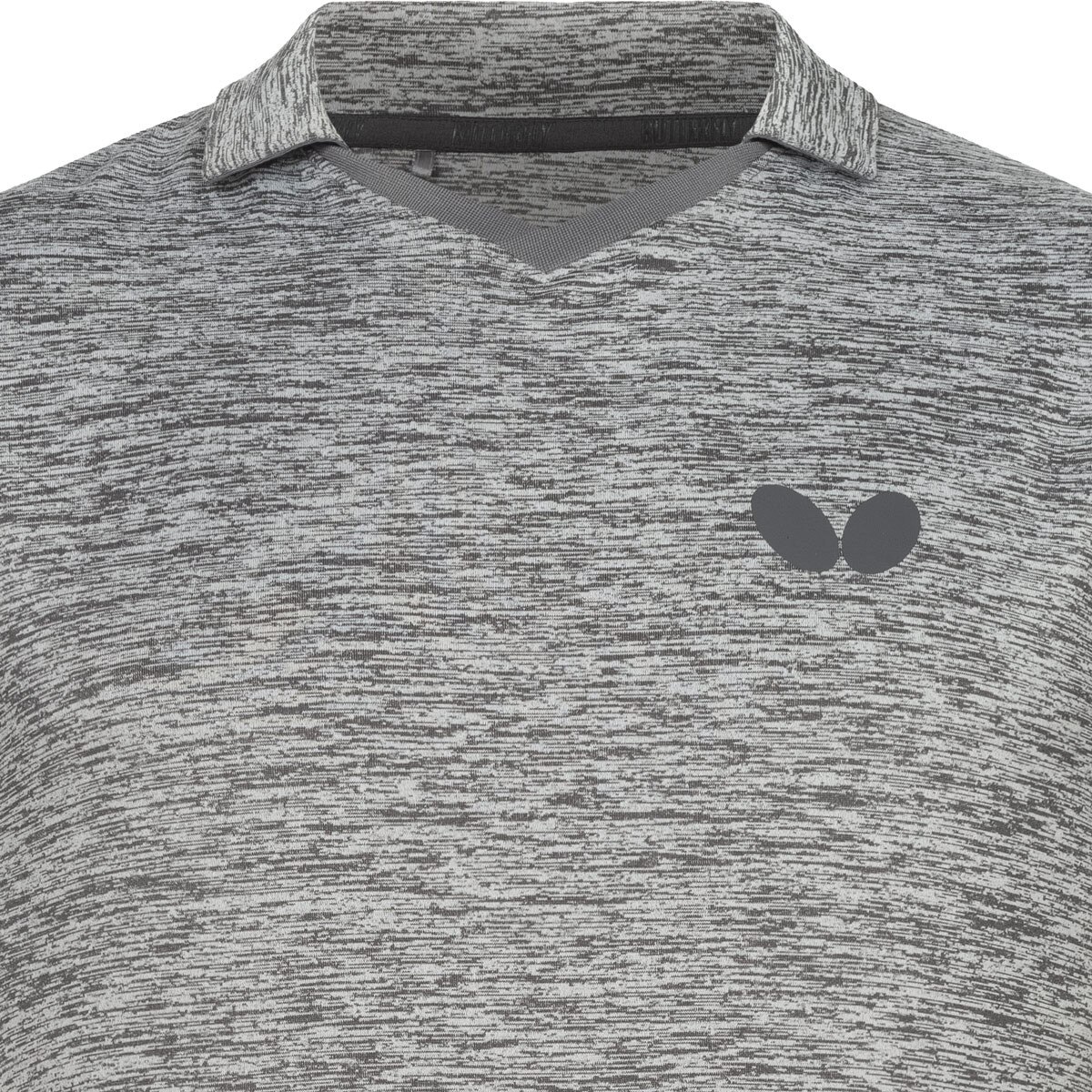 Butterfly Izumo Shirt: Close-up of Left Chest Butterfly Logo of Grey Shirt
